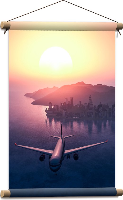 WallClassics - Textielposter - Vliegtuig met Zonsondergang boven de Zee - 40x60 cm Foto op Textiel