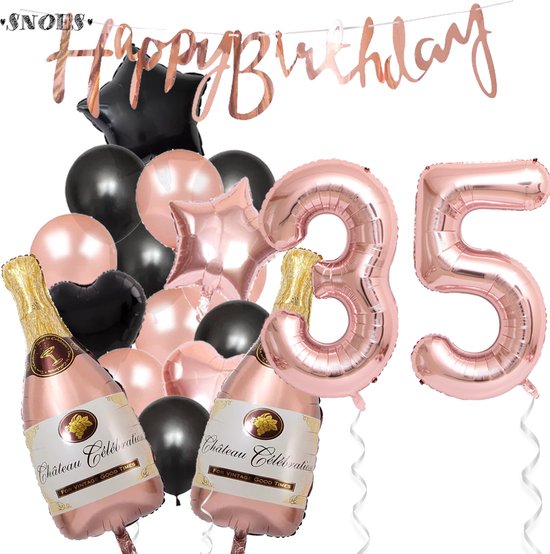 35 Jaar Verjaardag Cijferballon 35 - Feestpakket Snoes Ballonnen Pop The Bottles - Rose Zwart Versiering