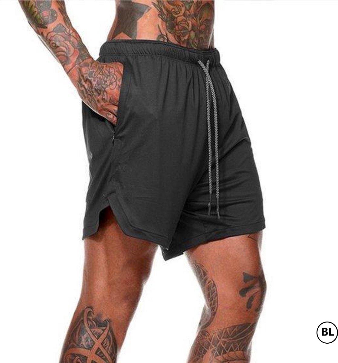 BL - Sportbroekje voor Heren - Gym broek met binnenzak voor mobiel - 2 in 1 Pocket Shorts - Running, Fitness, Sport broekje Trainingsbroek - Quick Dry - Mobiel Zak - ( Zwart - Maat L ))