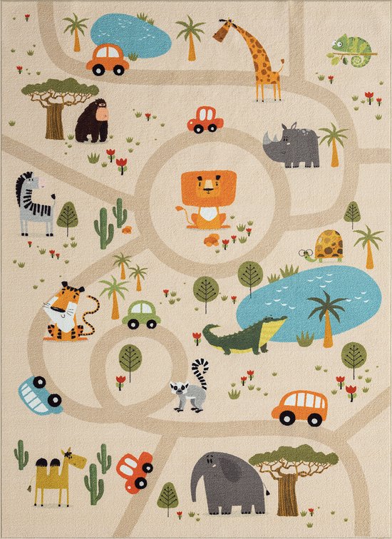Vloerkleed kinderkamer - Beige - 100x200 cm - Wasbaar - Antislip - Tapijt voor jongens en meisjes met een straat en jungledieren - Happy Life by the carpet