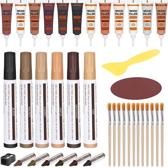 Kit de réparation de meubles en bois - Set de 39 - Marqueurs de retouche,  mastic à