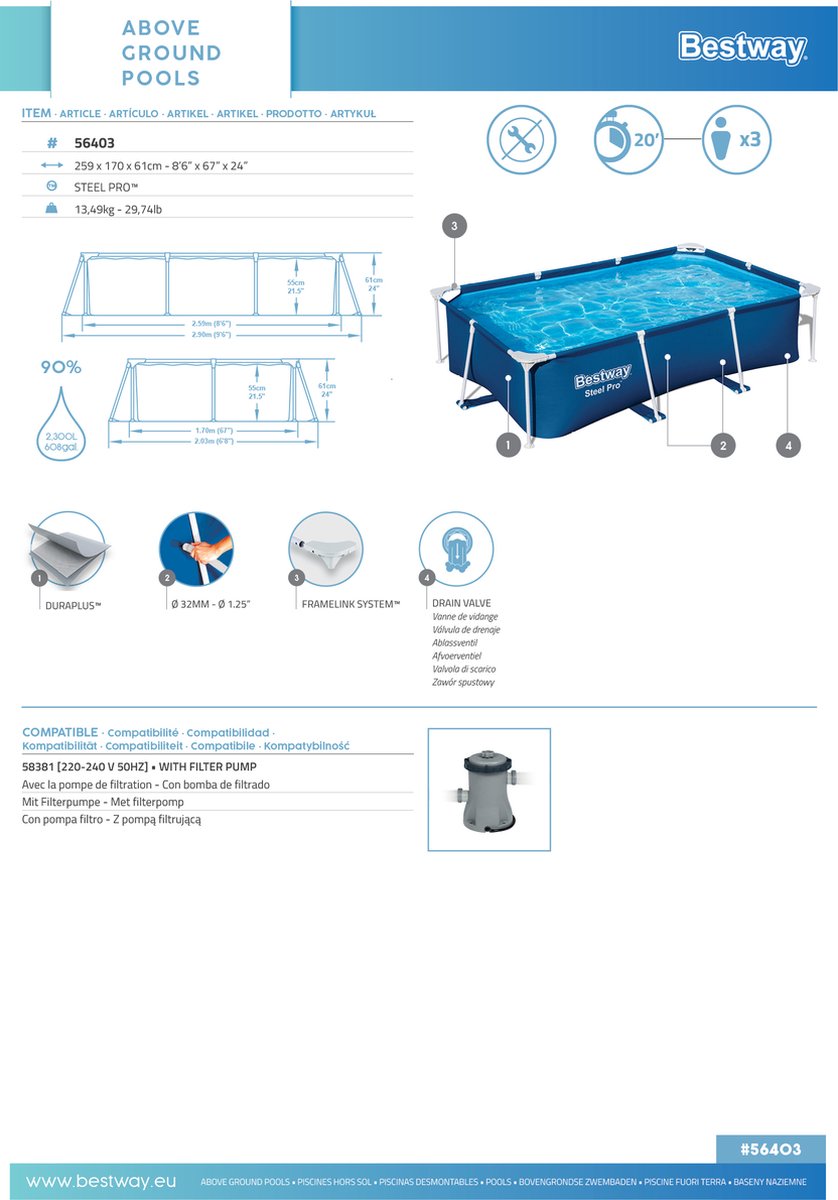 Bestway - Steel Pro Zwembad - 259 x 170 x 61 cm — afbeelding 7