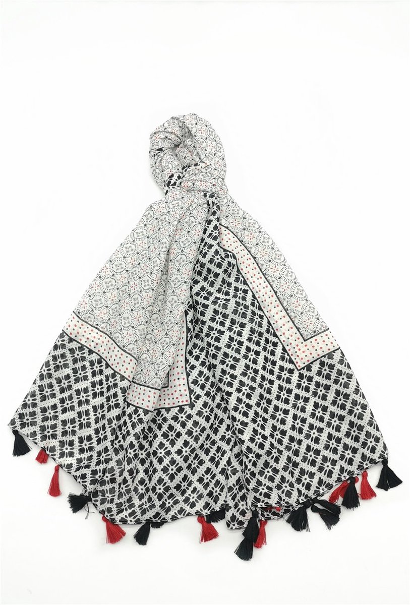 Lange dames sjaal Zita gebloemd motief zwart wit grijs rood