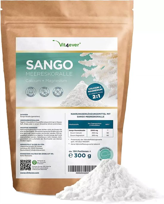 Sango Zeekoraal - 300 g poeder - Natuurlijke bron van calcium (20%) & magnesium (10%) in de lichaamseigen verhouding van 2:1 - Laboratoriumonderzoek - Geen additieven - Brievenbus pakket - Vit4ever