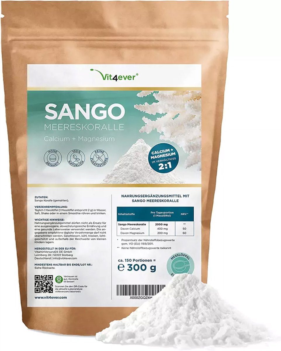 Sango Zeekoraal - 300 g poeder - Natuurlijke bron van calcium (20%) & magnesium (10%) in de lichaamseigen verhouding van 2:1 - Laboratoriumonderzoek - Geen additieven - Brievenbus pakket - Vit4ever - Vit4ever
