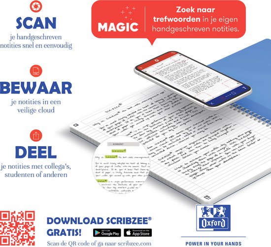 Leren notities scannen, bewaren en delen met de Scribzee app, getoond op een smartphone en notitieboek.