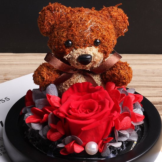 Rose éternelle en Glas avec éclairage LED - Ours en peluche - Saint-Valentin  - Fête