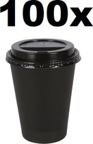 Kartonnen Koffiebeker 8oz 240ml zwart + zwarte deksels - 100 Stuks - wegwerp papieren bekers karton – drank bekers – drinkbekers- koffie beker – wegwerpbeker – Koffiekopjes – Koffiemokken - Warme en Koude Dranken - milieuvriendelijk