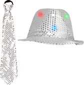 Smiffys Verkleedkleding set zilver LED light hoedje/stropdas volwassen