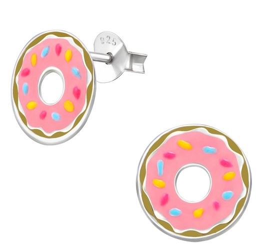 Joy|S - Zilveren donut oorbellen - 10 mm - roze met kleurtjes - kinderoorbellen