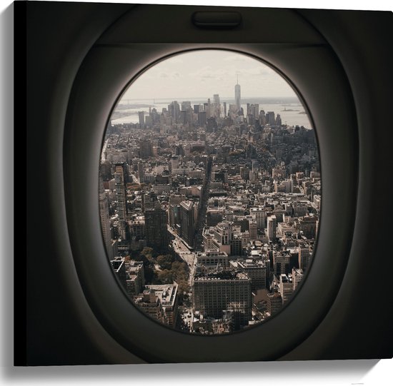 WallClassics - Canvas - Uitzicht op Stad vanuit Vliegtuig - 60x60 cm Foto op Canvas Schilderij (Wanddecoratie op Canvas)