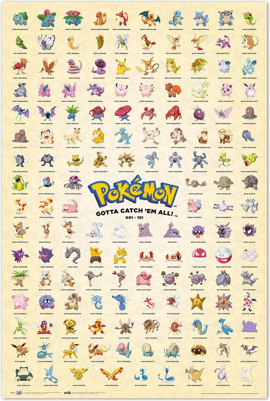 Pokémon Poster Pikachu eerste generatie 151 karakters Gotta
