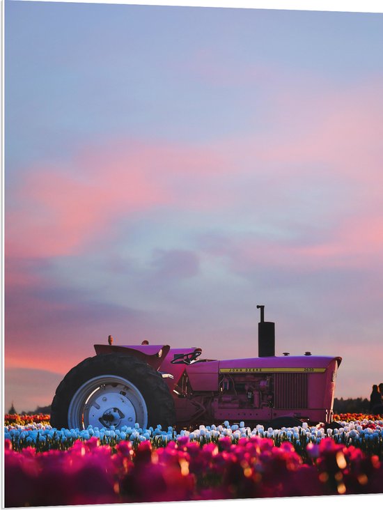 WallClassics - PVC Schuimplaat- Roze Tractor in een Bloemenveld - 75x100 cm Foto op PVC Schuimplaat