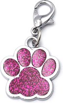 Sleutelhanger of halsbandhanger 25x25 mm met hondenpootje fucsia roze glitter met karabijnslotje