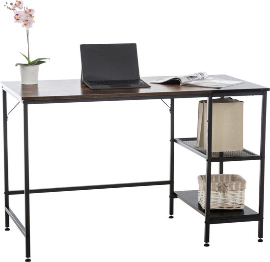 HOOBRO Bureau, Computer bureau, computertafel, Bureau thuiswerkplek, PC tafelwerkplek met 2 afneembare planken, voor kantoor, 120 x 60 x 76 cm, stevig metalen frame, vintage bruin-zwart EBF59DN01