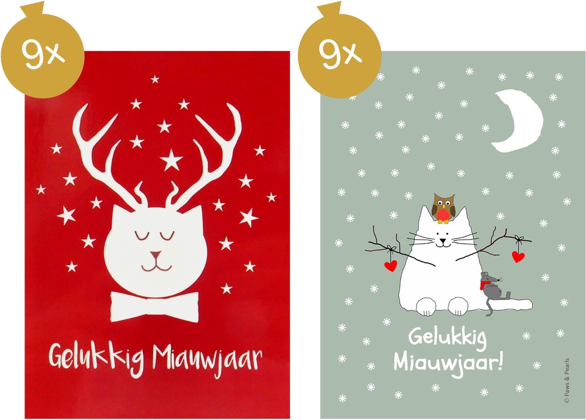 Kerstkaarten, 18 stuks, formaat postkaart, thema 'kat' en tekst 'Gelukkig Miauwjaar!'.