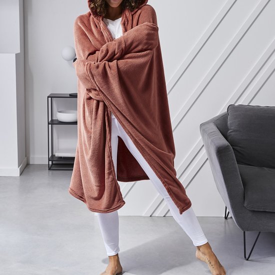 Hoodie fleece plaid deken met extra stuk voor warme handen - bespaar energie met deze plaid - kleur terra - tv deken
