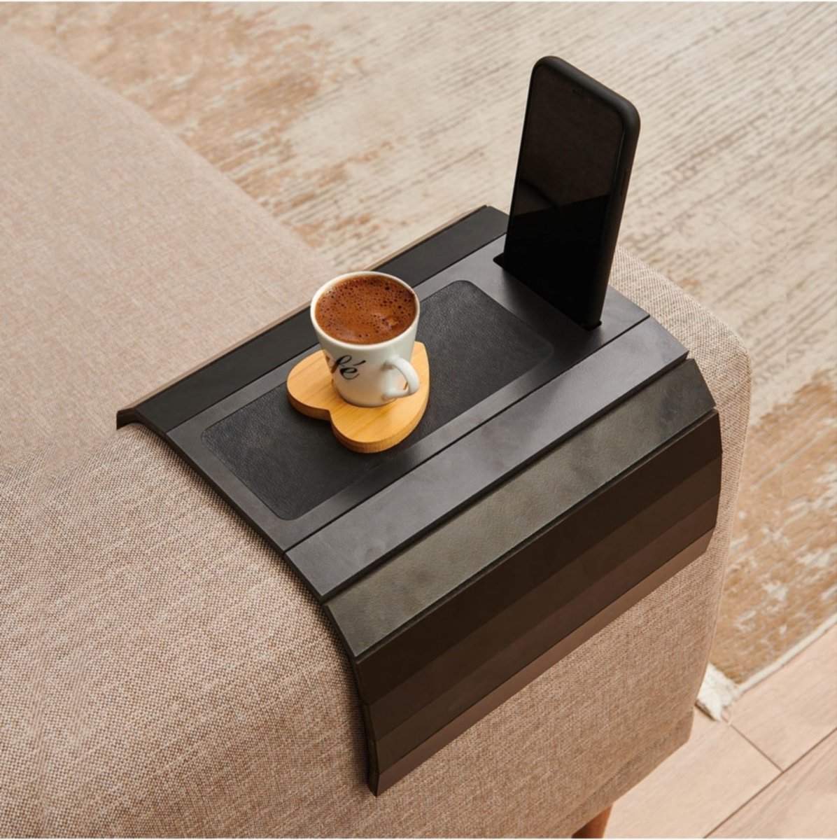 Plateau Accoudoir Canapé Bambou SJDUOCAI - Avec Porte-gobelet Et Support Téléphone 360°