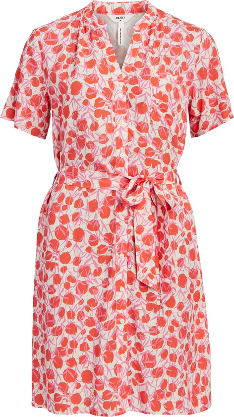 Object Jurk Objema Elise S/s Shirt Dress Noos 23039105 Brandied Apricot/flower Colour Dames