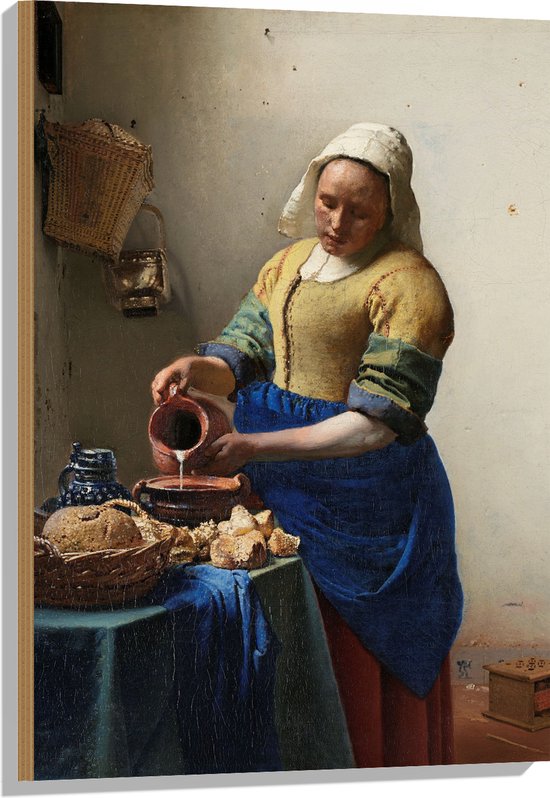 Hout - Het melkmeisje, Johannes Vermeer, ca. 1660 - 60x90 cm - 9 mm dik - Foto op Hout (Met Ophangsysteem)