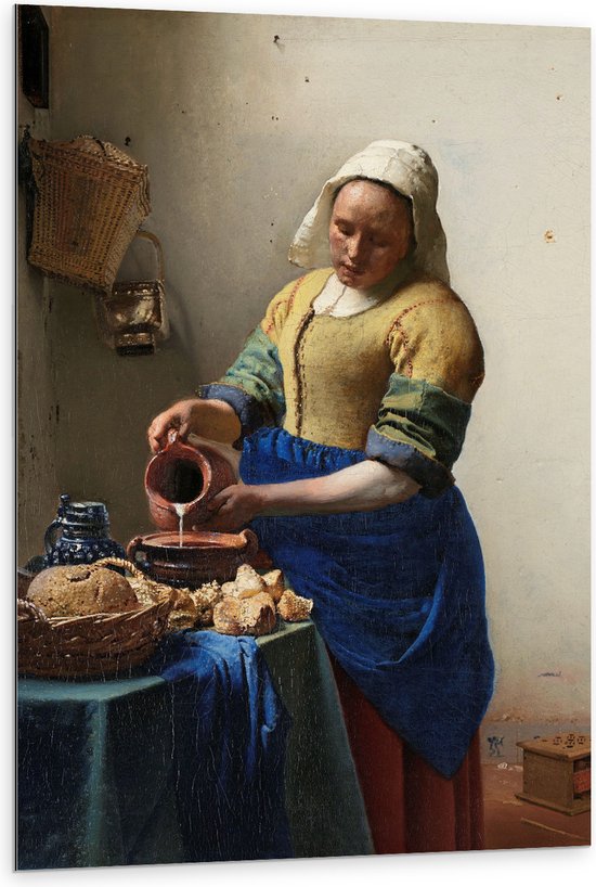 Dibond - Het melkmeisje, Johannes Vermeer, ca. 1660 - 80x120 cm Foto op Aluminium (Met Ophangsysteem)