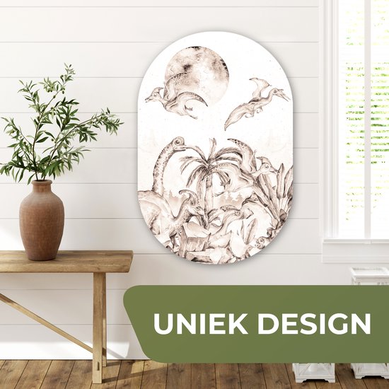Ovale Mural - Ovale Mural - Décoration murale Plastique - Peinture Ovale - Dino - Enfants - Jungle - Plantes - Kids - 60x90 cm - Forme miroir ovale sur plastique