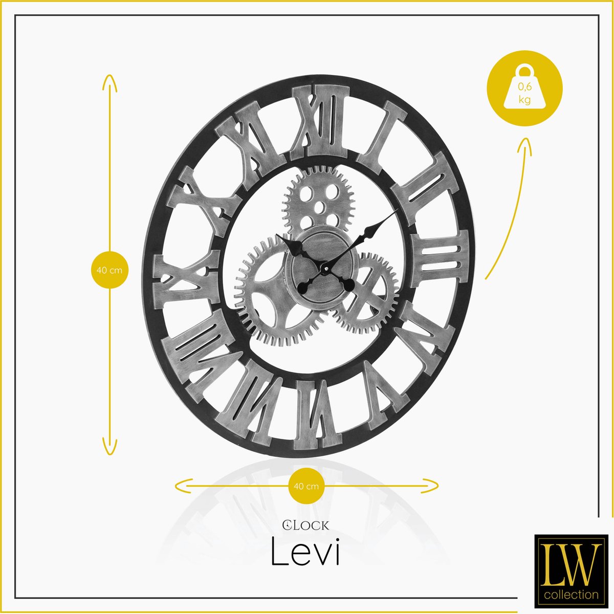 LW Collection Wandklok grijs zwart 40cm - Kleine houten klok met tandwielen romeinse cijfers - Industriële wandklok stil uurwerk — cadeau in Wonen & Interieur - foto 2