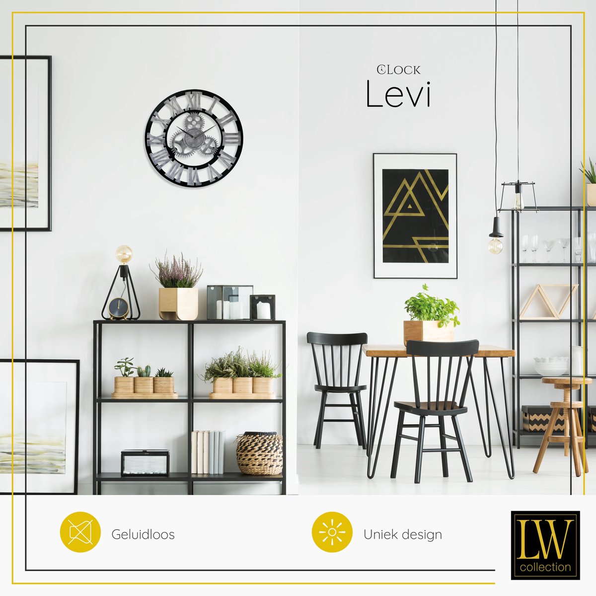 LW Collection Wandklok grijs zwart 40cm - Kleine houten klok met tandwielen romeinse cijfers - Industriële wandklok stil uurwerk — cadeau in Wonen & Interieur - foto 3