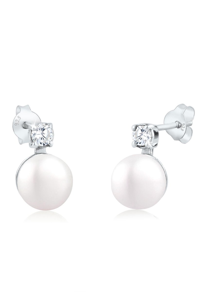 Elli - Oorbellen - Dames Oorsteker Klassiek met zoetwater gekweekte parel en Zirkonia in 925 Sterling Zilver - Dames