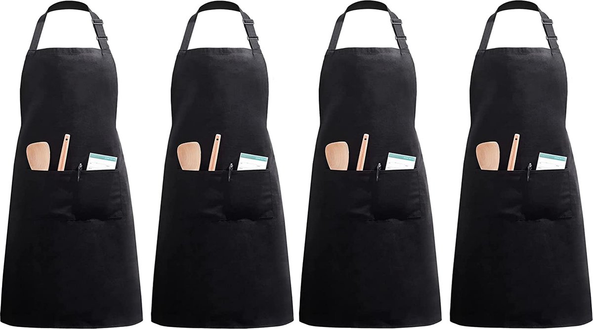 4 stuks verstelbare schorten met 2 zakken, kookschort keukenschort voor keuken, restaurant, café (zwart polyester)
