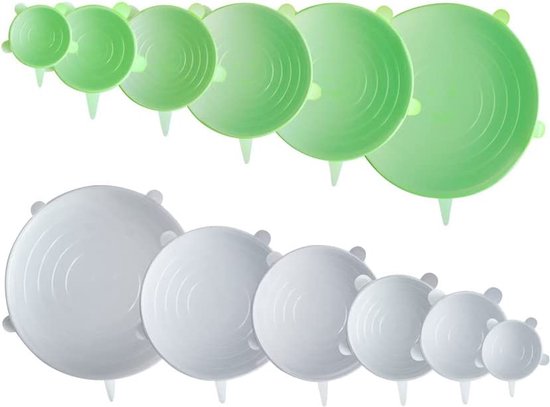 pandoo Set van 6 herbruikbare siliconen deksels, rekbare siliconen dekselset, stretch deksel, BPA-vrij, universele herbruikbare siliconen afdekking voor kommen, potten, levensmiddelen, bekers (wit)