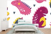 Behang babykamer - Fotobehang Dino - Patronen - Kind - Roze - Meisjes - Breedte 295 cm x hoogte 220 cm - Kinderbehang