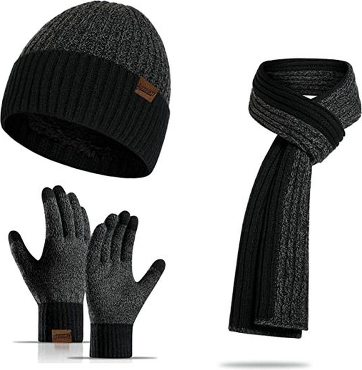 FEDEC Winterset Voor Mannen - Handschoenen - Sjaal - Muts - Zwart / Grijs