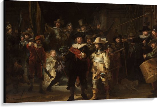 Canvas - De Nachtwacht, Rembrandt van Rijn, 1642 - Oude Meesters - 150x100 cm Foto op Canvas Schilderij (Wanddecoratie op Canvas)