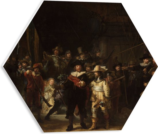 PVC Schuimplaat Hexagon - De Nachtwacht, Rembrandt van Rijn, 1642 - Oude Meesters - 40x34.8 cm Foto op Hexagon (Met Ophangsysteem)
