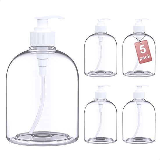  - LG Luxury & Grace Set 5 Dispenser Flessen, 500 ml. Transparante Polyethyleen Pompflessen. Navulbare Pompdispenser voor Zepen, Gels en Lotions.