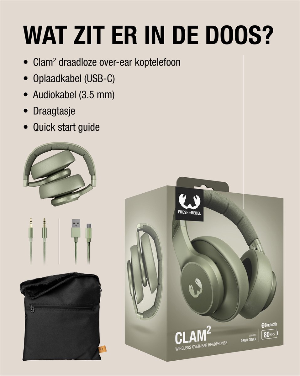 Fresh 'n Rebel Clam 2 - Over-ear koptelefoon draadloos - 80 uur  batterijduur - Dried Green | bol