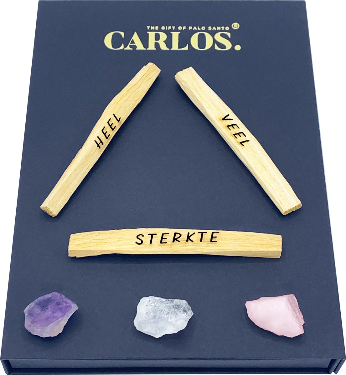 Luxe giftset PALO SANTO met gegraveerde boodschap HEEL VEEL STERKTE + 3 edelstenen: amethist, bergkristal, rozenkwarts.