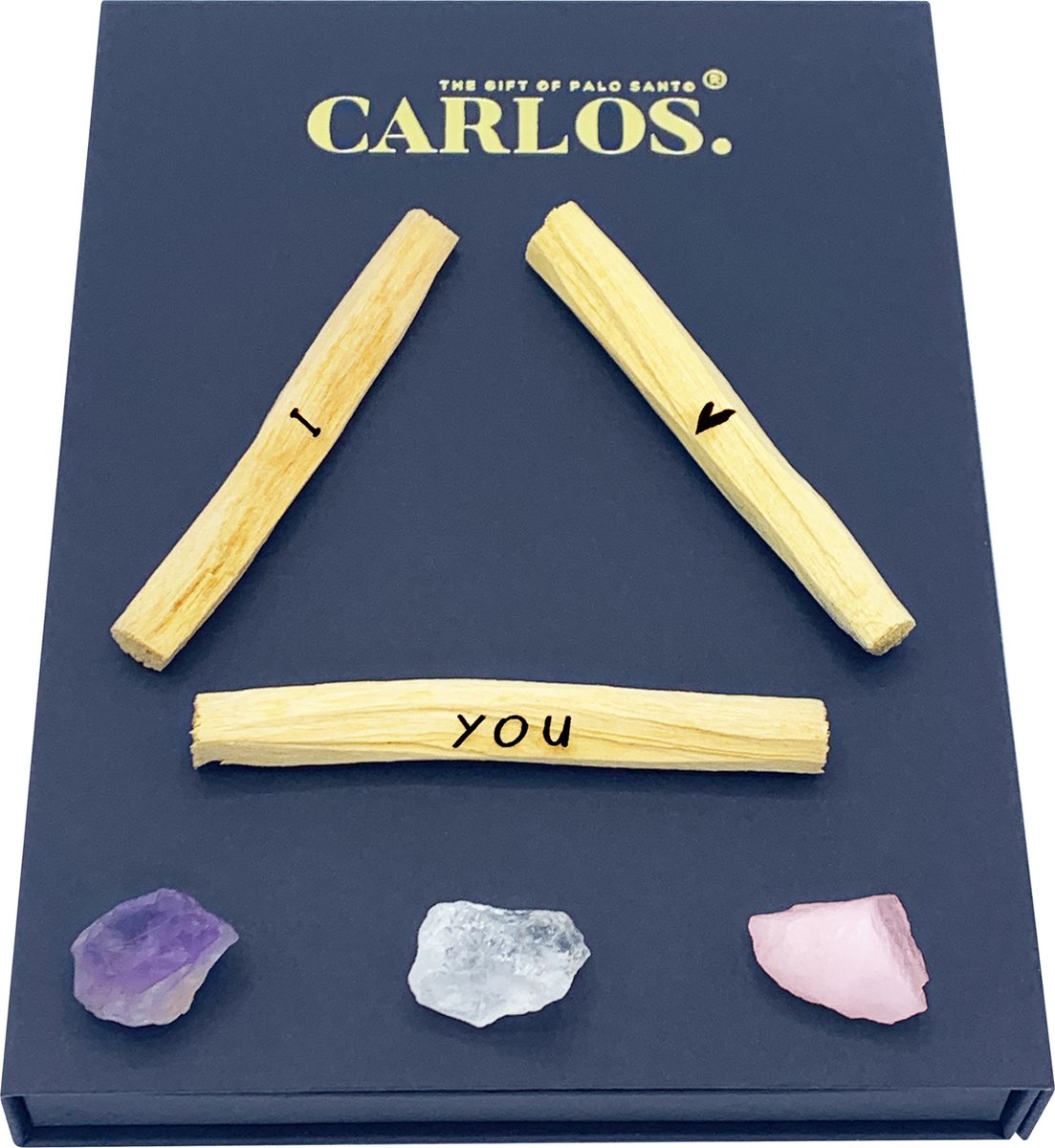 Luxe giftset PALO SANTO met gegraveerde boodschap I LOVE YOU + 3 edelstenen: amethist, bergkristal, rozenkwarts.