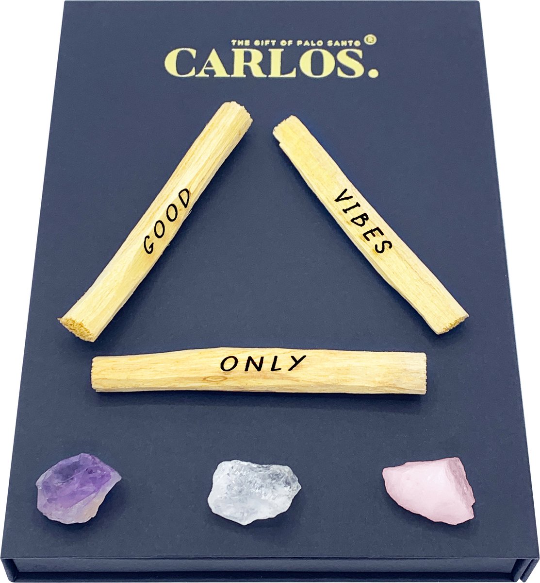 Luxe giftset PALO SANTO met gegraveerde boodschap GOOD VIBES ONLY + 3 edelstenen: amethist, bergkristal, rozenkwarts.