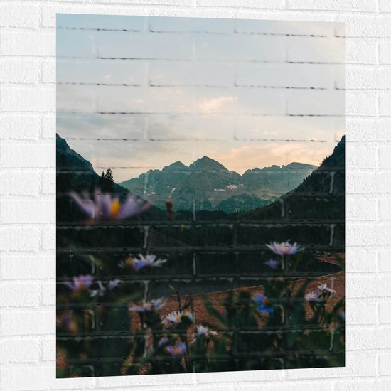 WallClassics - Muursticker - Kleine Madeliefjes in Groot Berglandschap - 75x100 cm Foto op Muursticker