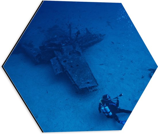 WallClassics - Dibond Hexagon - Duikers bij Neergestort Vliegtuig op Zeebodem - 40x34.8 cm Foto op Hexagon (Met Ophangsysteem)