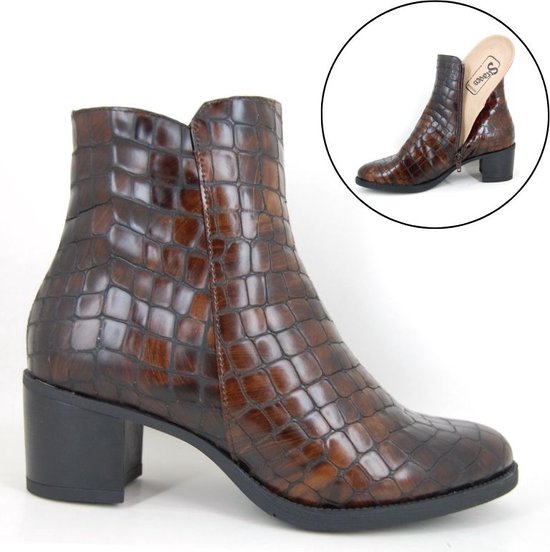 Stravers - Comfortabele Enkellaarsjes met Hak Maat 42 Croco Bruin Zwart  Grote Dames... | bol