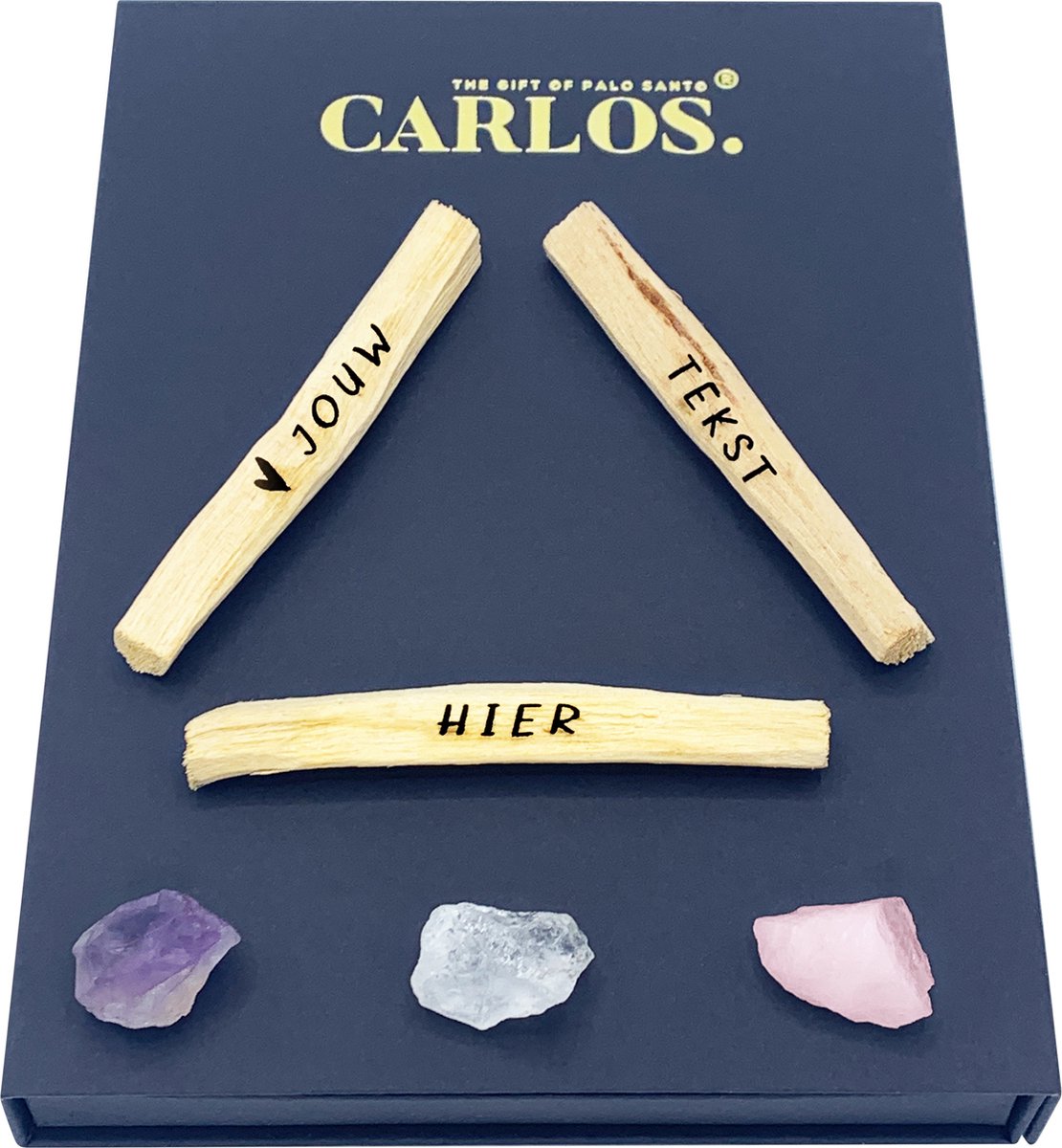 JOUW TEKST HIER gepersonaliseerde luxe giftset PALO SANTO met gegraveerde boodschap + 3 edelstenen: amethist, bergkristal, rozenkwarts. Bepaal je eigen tekst op de Palo Santo stokjes.