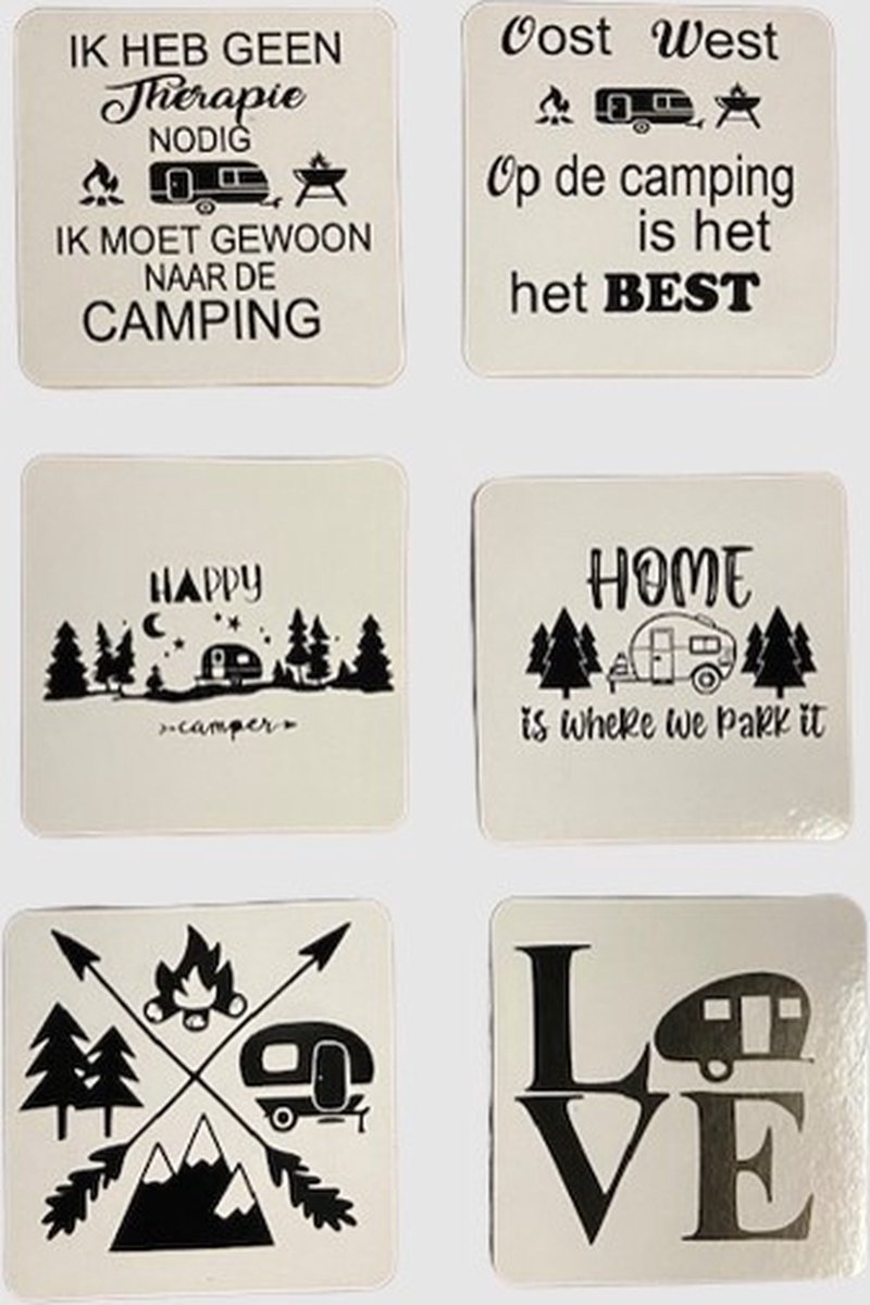 Onderzetters 6 stuks camping kurk met Leuke Camping Teksten – Cadeau voor Kampeerders en Caravanliefhebbers