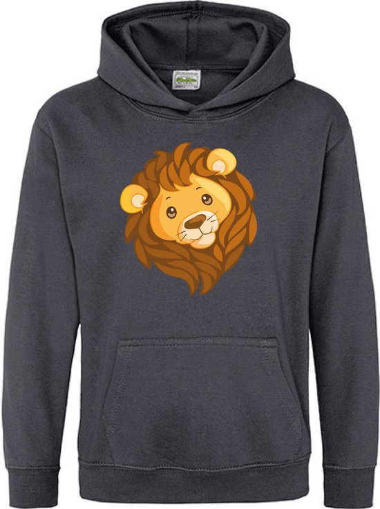 Pixeline Hoodie Leeuw Face Grijs 7-8 jaar - Pixeline - Trui - Stoer - Dier - Kinderkleding - Hoodie - Dierenprint - Animal - Kleding