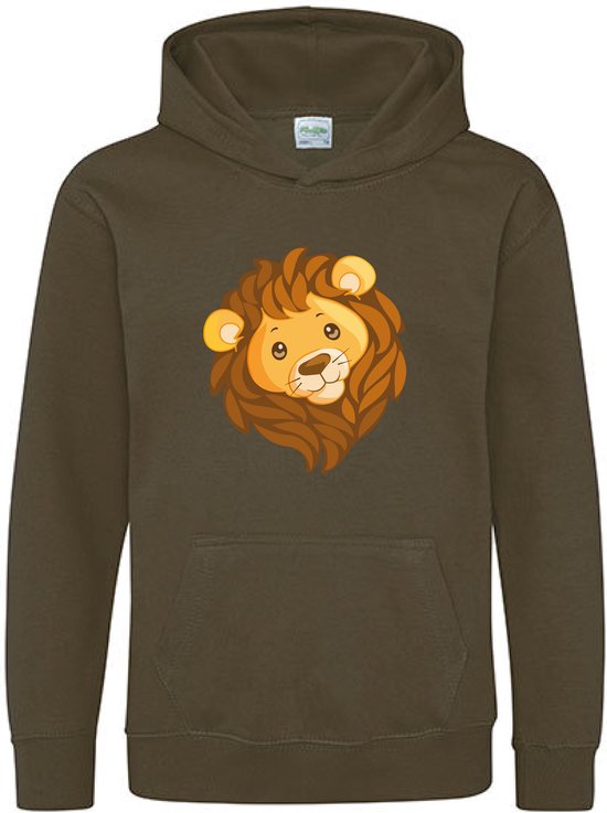 Pixeline Hoodie Leeuw Face olive 9-11 jaar - Pixeline - Trui - Stoer - Dier - Kinderkleding - Hoodie - Dierenprint - Animal - Kleding