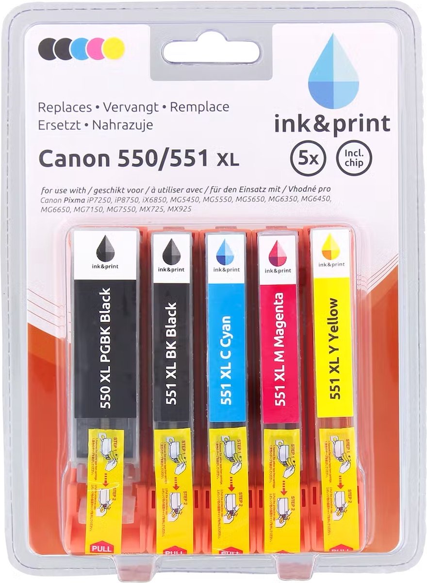 Ink & Print inktcartridges - Canon - Canon 550/551 xl - 5Pack - Inktjet - Kleuren Zwart,Blauw,Roze,Geel