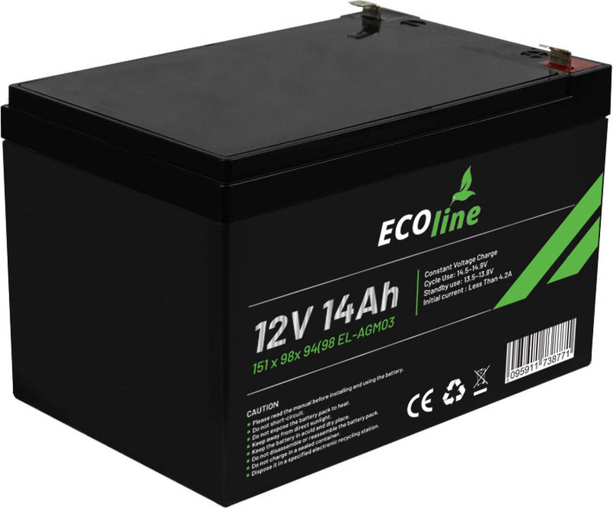 EcoLine - AGM 12V 14AH - 14000mAh VRLA Batterij - 151 x 98x 94(98) - Deep Cycle Accu