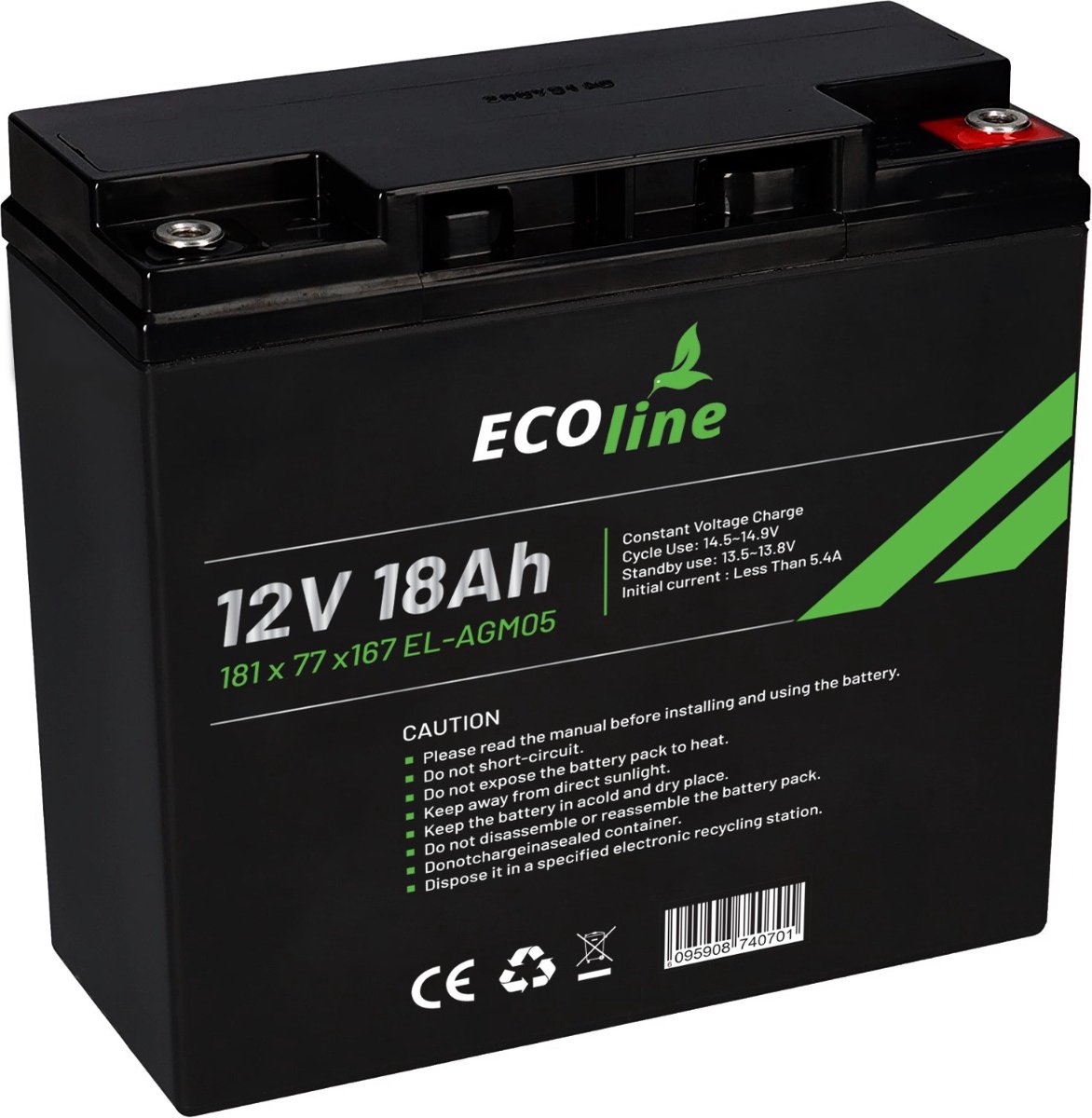 EcoLine - AGM 12V 18AH - 18000mAh VRLA Batterij - 181 x 77 x167 - Deep Cycle Accu